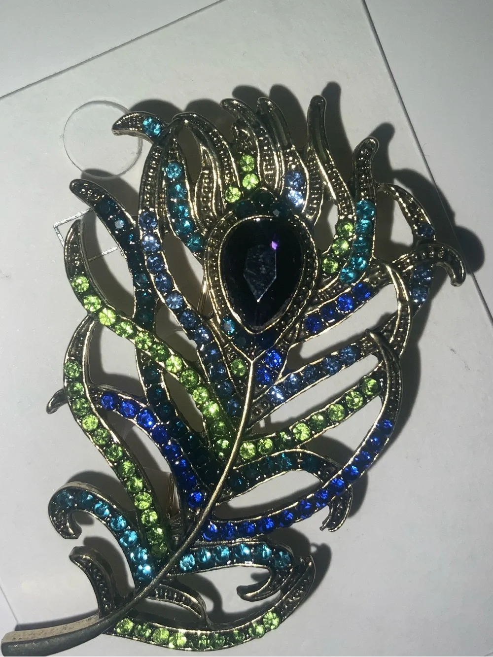 Peacock Feather Statement Brooch with Blue & Green Rhinestones